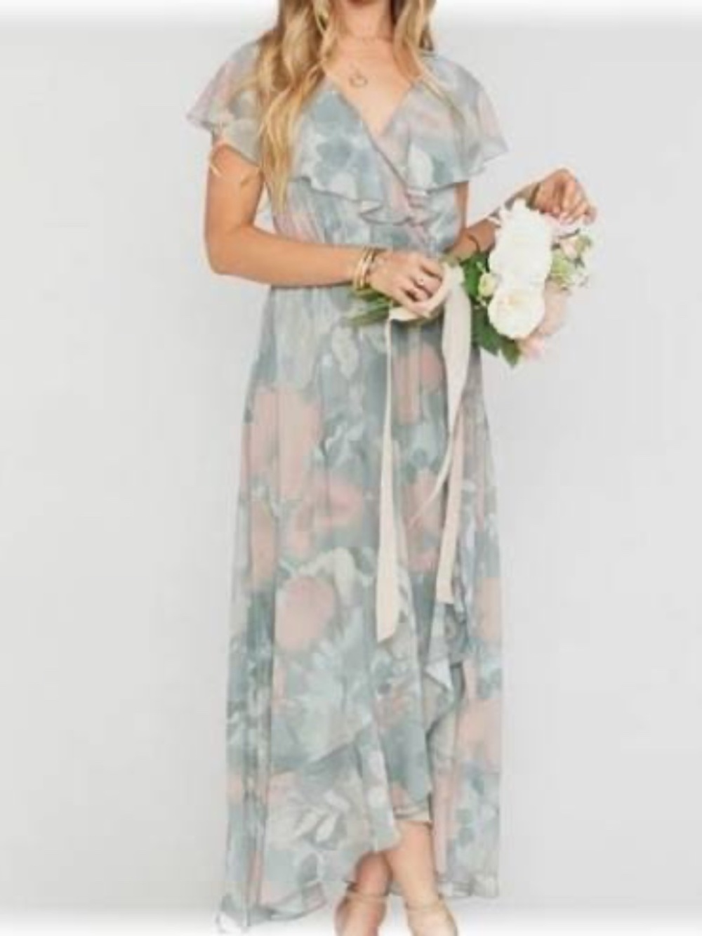 Show Me Your Mumu Jess Ruffle Midi Wedding Sage/Blush Floral Dress - SMALL